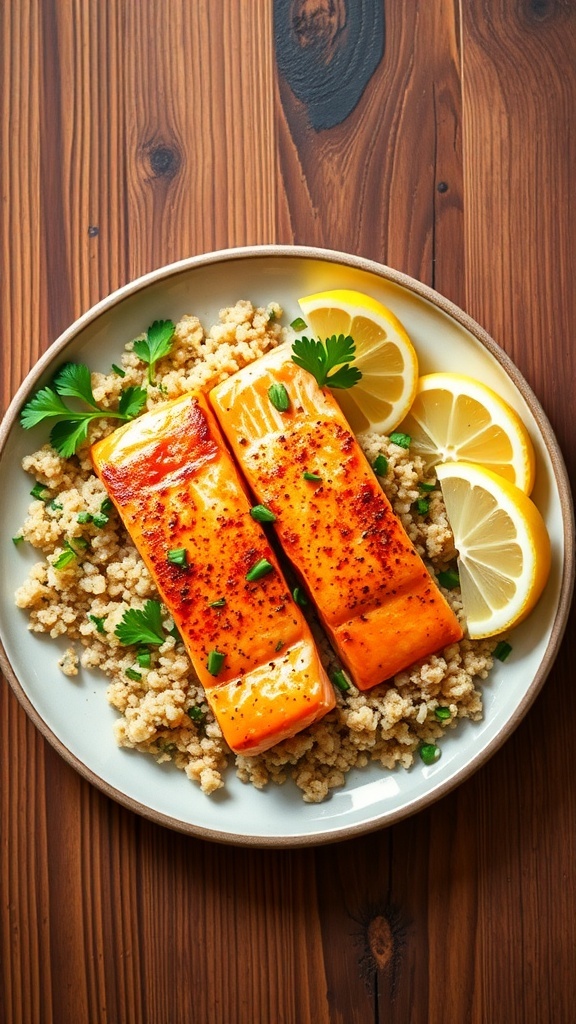 Air fryer salmon fillets on quinoa, garnished with parsley and lemon, on a rustic table.